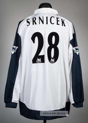Pavel Srnicek blue and white Sheffield Wednesday No. 28 goalkeeper's jersey, season 1998-99,
 Puma, long-sleeved, Premier League badges, the reverse l