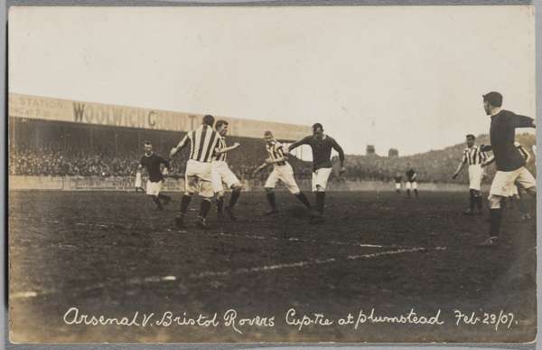 Woolwich Arsenal v Bristol Rovers cup tie at Plumstead, 23rd February 1907, 
 featuring match action, 9 by 14cm., bears minor pencil writing on revers