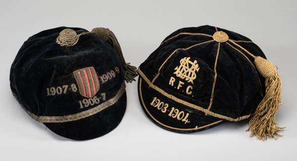 Two rugby football representative caps, 
 the first 1903-04 possibly St Marys Hospital Rugby Club, the second possibly Newport Rugby Football Club, in