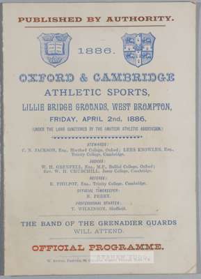 Oxford v Cambridge Athletics Sports programme at Lillie Bridge 2nd April 1886,
 4-page card, good condition