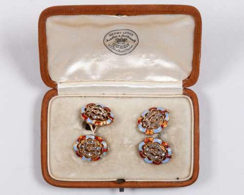 Gold, diamond & enamel cuff links gifted to Royal Jockey John Watts by Lillie Langtry
