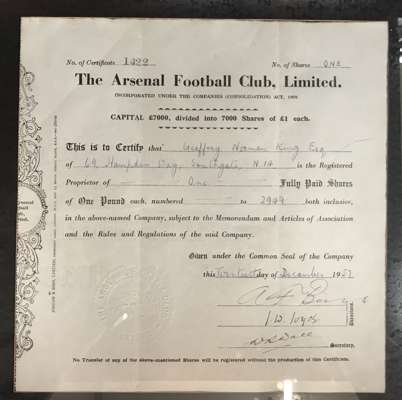 The Arsenal Football Club Limited share certificate, 20th December 1957,
 addressed to Geoffrey Norman King Esq., for one share for £1 pound, share nu