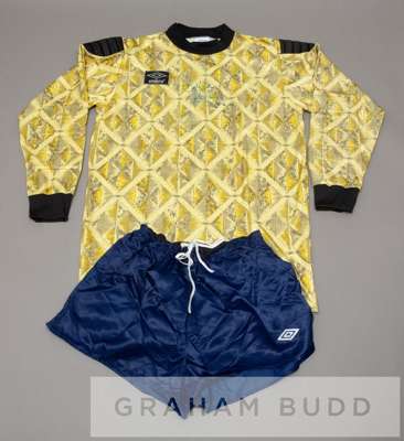 Peter Shilton signed yellow no.1 goalkeeping jersey from his testimonial match at White Hart Lane, 18th December 1990,
 by Umbro, long-sleeved with pa
