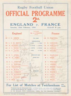 Signed England v France rugby programme, played Twickenham, 22nd February 1930,
 printed with fixture details, both sets of players with position and 