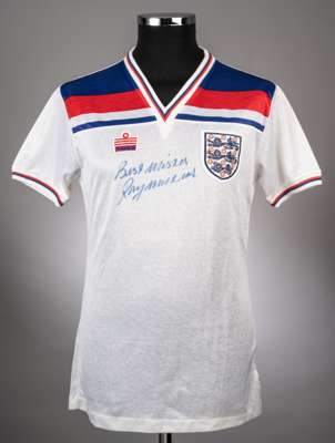 Ray Wilkins No.8 white England v. Northern Ireland match worn short-sleeved jersey, 1980, 
 Admiral, 38-40in., with embroidered three lion badge, the 