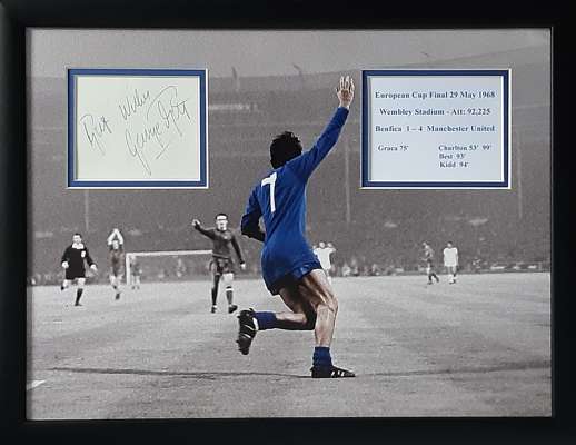 George Best Manchester United 1968 European Cup winner 17.5 by 13.5in. signed framed photo card display, 
 depicting Best reeling away in celebration 