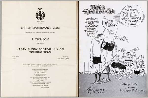 JAPAN RUGBY UNION TOURISTS TO THE UK 1973 ORIGINAL WELCOME DINNER MENU & SEATING PLAN 

ORIGINAL BRITISH SPORTSMAN’S CLUB MENU AND SEATING PLAN FOR TH