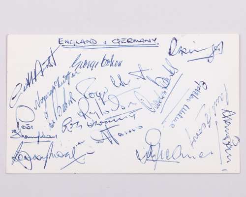 An autographed England v. West Germany friendly match card, 1966