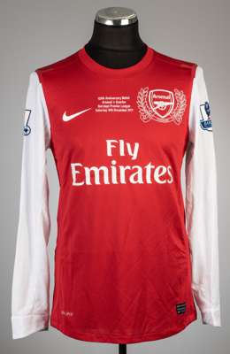 Theo Walcott red Arsenal 125th Anniversary no.14 home jersey v Everton, played at Emirates Stadium, 10th December 2011,
 Nike, long-sleeved with BARCL