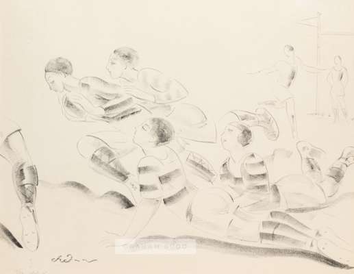 Scene of a rugby match by Charaund Nauvac, circa 1930,
 stylized lithograph, featuring rugby players going for the try line, indistinctly signed, limi