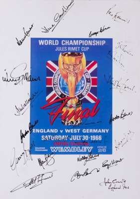 England autographed canvas printed with an image of the 1966 World Cup Final programme, signed in black marker pen by 21 members of the England 1966 W