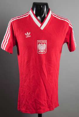 Wlodzimierz Smolarek red Poland No.11 jersey worn in the match v England at the Mexico 1986 World Cup in Monterrey, short-sleeved  This jersey was gai