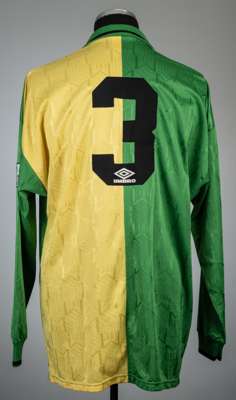 Denis Irwin green and yellow Manchester United no.3 third choice jersey, season 1992-93,
 Umbro, long-sleeved with THE FA PREMIER LEAGUE sleeve badges