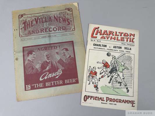 Charlton Athletic v. Aston Villa, F.A.Cup final match programme, 12th February 1938
 record gate for Charlton and Aston Villa v. Charlton Athletic F.A