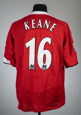 Roy Keane red Manchester United no.16 home jersey, season 2004-05, 
 Nike, short-sleeved with BARCLAYS PREMIERSHIP sleeve badges, club crest and spons