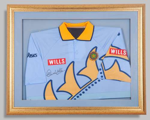 Sachin Tendulkar autographed blue and yellow India ODI cricket short-sleeved shirt, 1999
