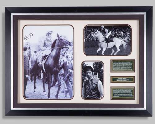 Lester Piggott signed framed photo montage