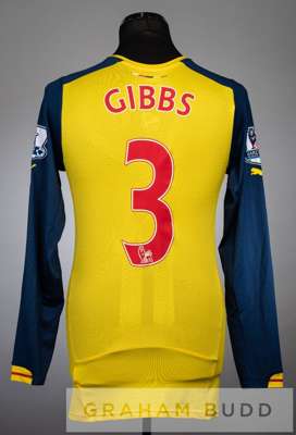 Kieran Gibbs yellow and navy Arsenal no.3 away jersey v Liverpool in the Premier League at Anfield, 21st December 2014,
 long-sleeved with BARCLAYS PR
