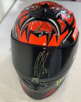 Fabio Quartararo (France) signed Scorpion EXO-R1 AIR, Fabio Quartararo Monster Red Moto GP Helmet, 

Signed in gold permanent marker on side of helmet