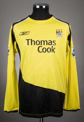 Joey Barton yellow, black and white No.8 Manchester City long-sleeved jersey, 2006-07, 
 Reebok, M, 3rd kit, with crew-neck collar and printed badge, 