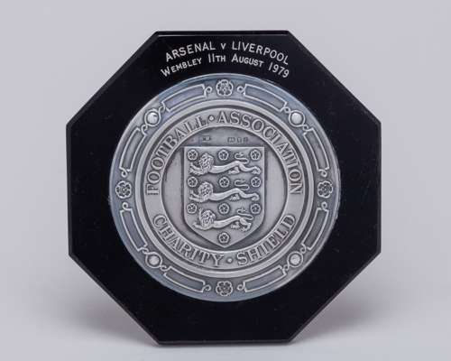 Pat Jennings a silver-mounted and bakelite Arsenal v. Liverpool Charity Shield plaque, 1979