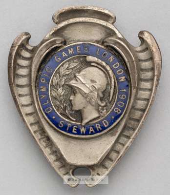 The rare large version of the London 1908 Olympic Games steward's badge,
 by Vaughton, shield-shaped in silvered-bronze & blue enamel, inscribed OLYMP