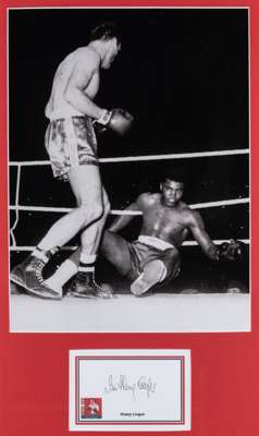 English sporting legends signed photographic displays,
 comprising Sir Henry Cooper knocking down Muhammad Ali b & w image mounted above a autograph w