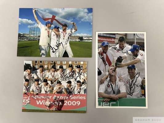 Cricket muti signed glossy photographs,
 12 x 8in., famous photographs include England regaining the Askes 2009 a series they won 2-1, team photograph
