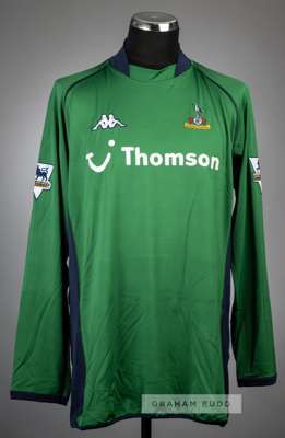 Neil Sullivan green Tottenham Hotspur no.1 goalkeeper's jersey, season 2003-04,
 Kappa, long-sleeved with BARCLAYCARD PREMIERSHIP sleeve badges, club 