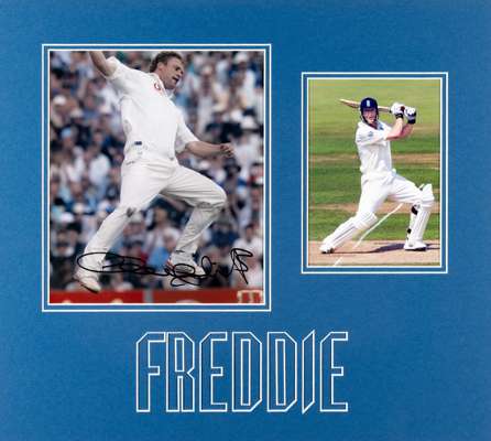 ANDREW ‘FREDDIE’ FLINTOFF AUTOGRAPHED PHOTOGRAPH MOUNTED DISPLAY, 
 COMPRISING TWO COLOUR PHOTOGRAPHS OF FREDDIE FLINTOFF, ONE BATTING (SIZE 10 by 8in