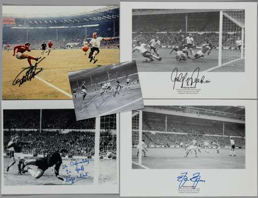 World Cup England 1966 group of five signed images of all the goal scorers in the final v Germany, 
 comprising Geoff Hurst signed 20 by 25cm. colour 