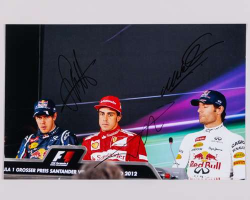 Sebastian Vettel, Fernando Alonso & Mark Webber Signed A4 Photo