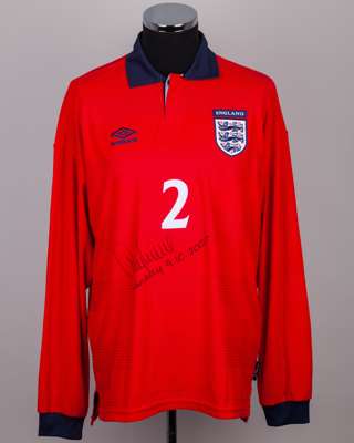 Gary Neville red No.2 England v. Germany match issued long-sleeved shirt, 2002