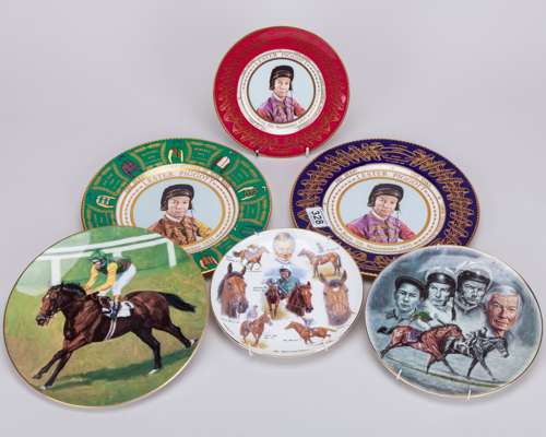 Collection of six china plates commemorating the jockey Lester Piggott