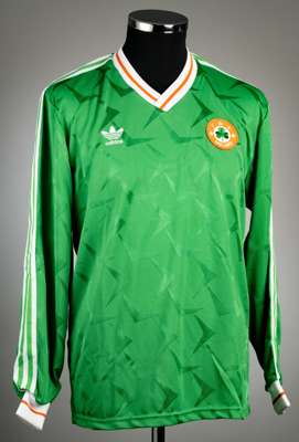 Green Republic of Ireland no.9 jersey, circa 1991,
 Adidas, long-sleeved with FA Ireland badges and Adidas logo, reverse numbered 9, size L