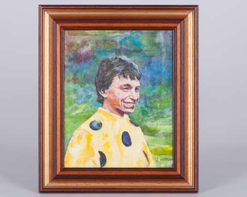 Portrait painting of the jockey Steve Cauthen in the Louis Freedman colours