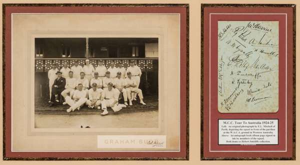 Display of M.C.C. team photograph and autographs for the Tour to Australia in 1924-25, 
 b & w photograph of the team in seated and standing pose in f