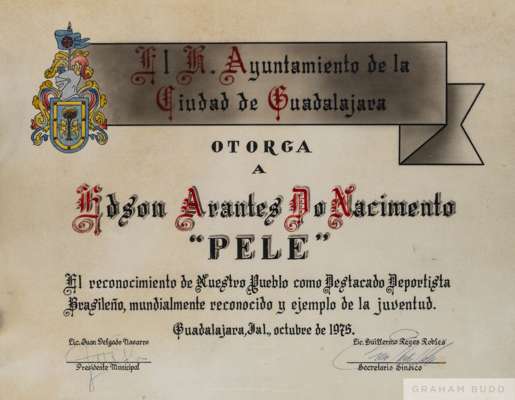 A framed hand drawn and hand coloured certificate of merit on vellum presented to Pelé, 
 by the city council of Guadalajara in recognition of his abi