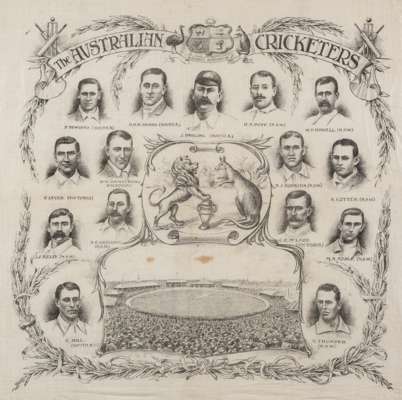 The Australian Cricketers "Ashes" linen handkerchief, circa 1905,
 featuring the national emblems of England and Australia, the Lion and the Kangaroo 