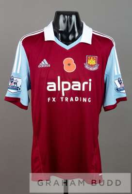 Mladen Petric claret and blue West Ham United no.30 Poppy home jersey v Aston Villa at Upton Park, 2nd November 2013,
 short-sleeved with BARCLAYS PRE
