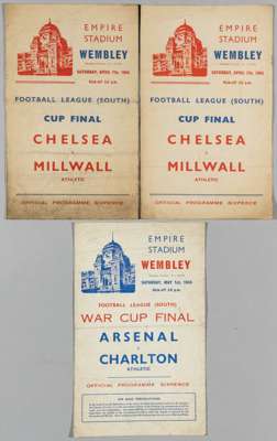 Three War time cup final match programmes, 
 comprising Arsenal v. Charlton, 1st May 1943, Chelsea v. Millwall, 7th April 1945 (2 copies) (3)

 Horizo