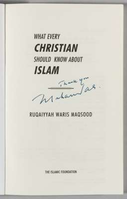 Muhammad Ali signed softback edition of 'What every Christian should know about Islam', 
 signed to title page in blue ink

 Good condition