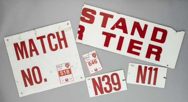 Four sections of signage acquired at Arsenal FC's "Highbury, The Final Salute" auction in 2006,
 acrylic, red lettering on white background, i) MATCH 