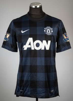 Michael Carrick navy and black chequered Manchester United no.16 away jersey, season 2013-14,
 Nike, short-sleeved with BARCLAYS PREMIER LEAGUE 12/13 