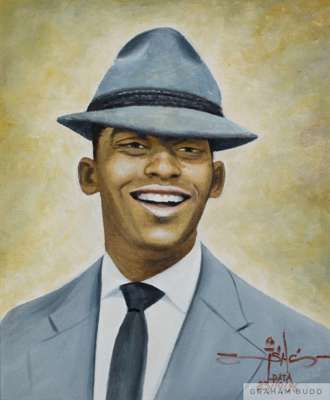 A framed oil on canvas portrait of Pelé in a blue suit and fedora,
 Signed and dated "23.10.96" to the lower right corner.31 by 27 inches, overall

 P