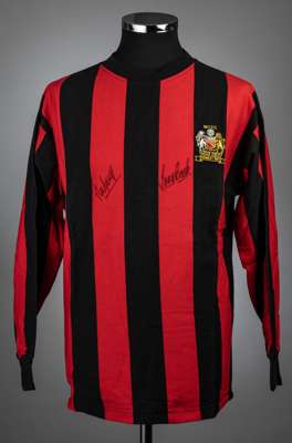 Tony Book & Neil Young signed red & black Manchester City 1969 FA Cup Final retro jersey,
 Toffs, long-sleeved with embroidered club crest, signed in 
