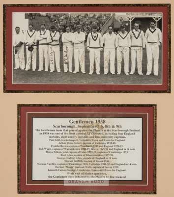 Signed b&w photograph of the "Gentlemen v Players" match at the Scarborough Festival, 7th - 9th September 1938.
 The photograph depicting 12 Gentlemen