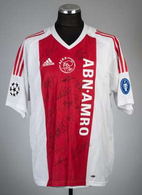 Petri Pasanen team signed Ajax UEFA Champions League no.3 home jersey, season 2003-04,
 Adidas, short-sleeved with UEFA STARBALL and four time winners