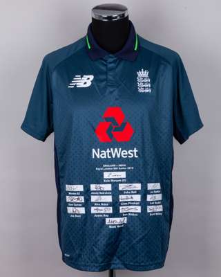 Green and blue autographed England v. India Royal London ODI Series short-sleeved shirt, 2018