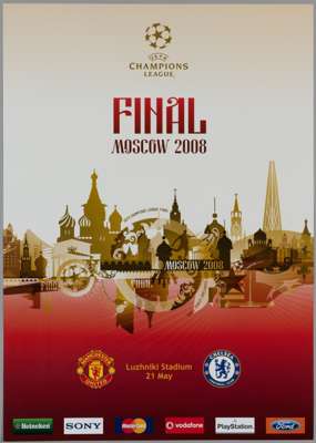 2008 Champions League Final poster for the game between Manchester United and Chelsea that took place at the Luzhniki Stadium, Moscow on May 21st. 
 t